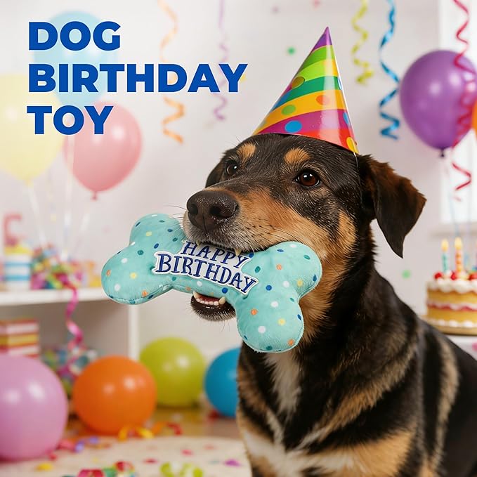 Prime Pets Dog Birthday Toys, Plush Dog Squeaky Toys, Stuffed Puppy Chew Toy for Small Medium Large Dogs, Bone Pet Toy