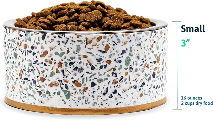 Pet Junkie Terrazzo Single Elevated Pet Bowl Stand with Removable Stainless Steel 16oz Inner Bowl for Small Dog Breed or Cat - Raised Dog Food or Water Station (Small, White)
