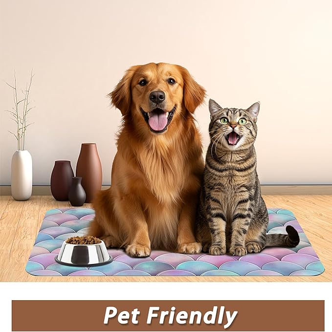 Pink Mermaid Scale Pet Feeding Mat,Absorbent Quick-Dry Cat Dog Food and Water Bowl Mats,Non-Slip Rubber Backing Mat,Cat Dog Accessories Supplies 16"x24"