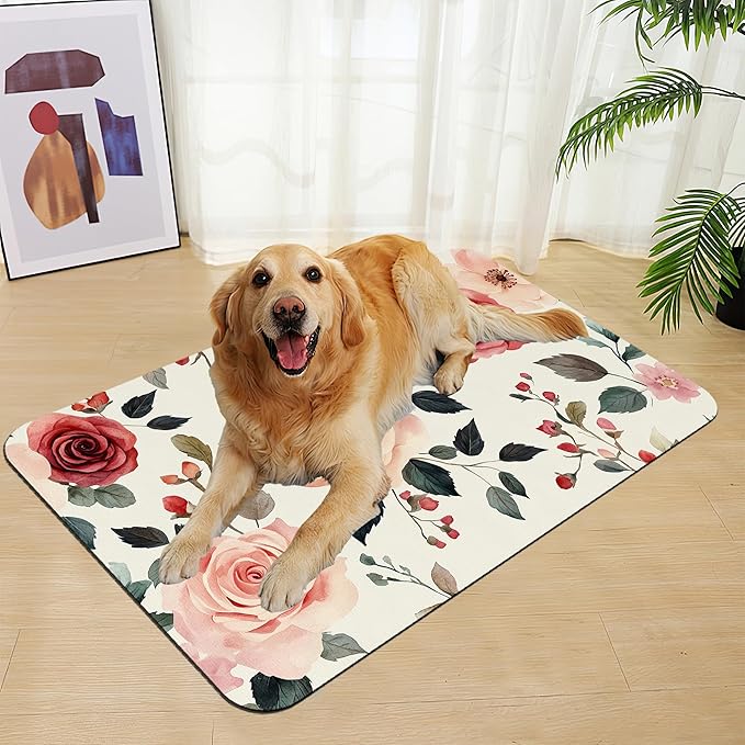 Pink Flower Leaf Pet Feeding Mat–Christmas Stocking Quick Dry Absorbent Dog Cat Food Mat, Non Slip Waterproof Bowl Placemat for Messy Eaters, Pet Accessories for Floors 12"x20"