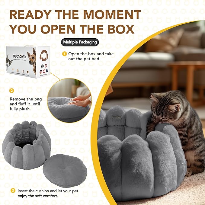 PETNOVO Pumpkin Calming Cat Bed,Plush Donut Cuddler with High Bolster,Ultra Soft Bunny Plush,Oeko‑TEX,Non-Slip Pet Nest,for Indoor Cats up to 13 lbs & Small Dogs,20Lx20Wx12H Inch,Grey