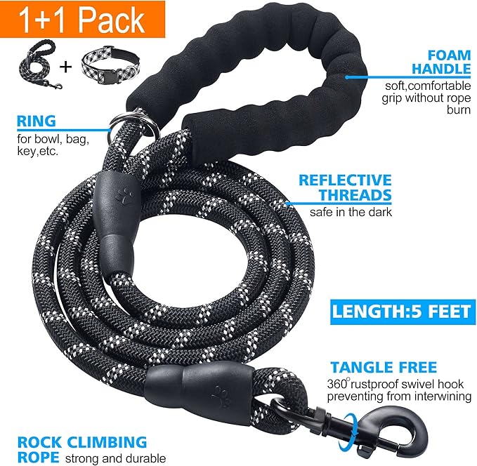 Reflective Dog Collar Padded with Soft Neoprene Breathable Adjustable Nylon Dog Collars for Small Medium Large Dogs (Medium (Pack of 1), Black Plaid Collar+Leash)