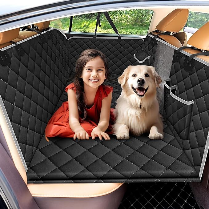 Kfonla Dog Car Seat Cover for Back Seat, Back Seat Pet Cover with Side Protection and Viewing Window, 600D Heavy Duty Scratch Proof Nonslip Durable Soft Back Seat Covers for Cars Trucks and SUVs