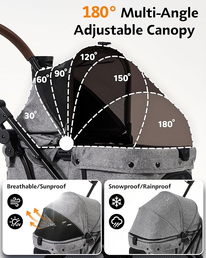 Dog Stroller with Waterproof Rain Cover, Heavy-Duty All-Terrain 4-Wheel Pet Stroller with Adjustable Sunshade Canopy, Foldable Travel Dog Strollers for Small/Medium Dogs Up to 121 lbs