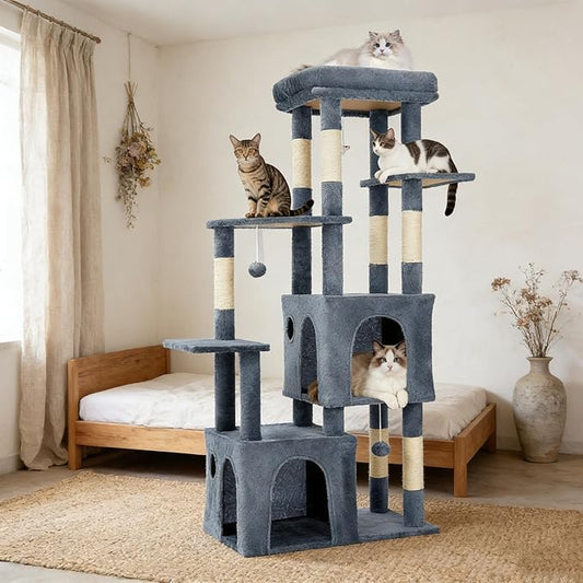 Cat Tree 61" Tall, Sisal Wrapped Scratching Post, Cat Nest, Hanging Ball, Extended Platform