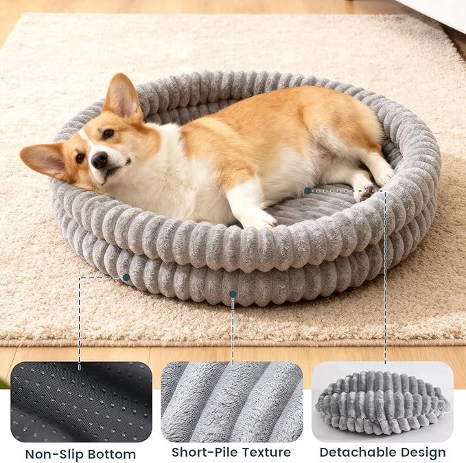 Dog Bed Medium Size Dog, Machine Washable Orthopedic Donut Cat Beds for Indoor Cats, Fluffy Round Pet Bed with Anti-Slip Bottom for Puppy and Kitten, Gray, 28"x28"x5"