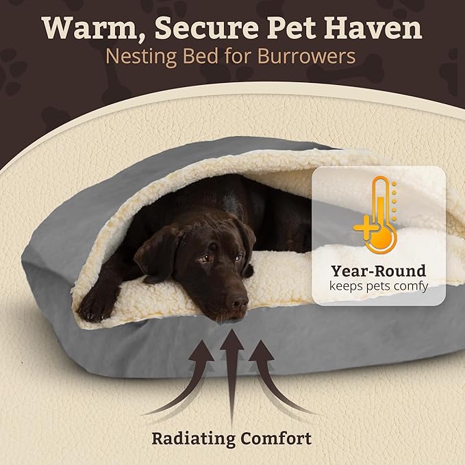 Snoozer Rectangle Cozy Cave Dog Bed - Indoor Dog Bed with Cover Cave, Covered Calming Burrow for Medium & Large Sized Pets with Blanket Attached, Enclosed, Washable Cover - Large, Heather Gray