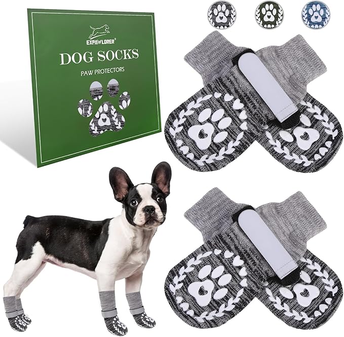 EXPAWLORER Dog Socks to prevent Licking and Slipping, Winter Dog Shoes for Cold Weather Snow, Paw Protectors for Hardwood Floors Anti-Slip, Dog Booties for Small Medium Large Senior Dogs, Black Grey M
