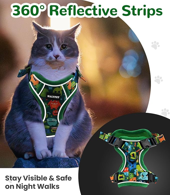 Halypet Cat Harness and Leash Set for Walking, Escape Proof Adjustable Vest Harness with 3-in-1 Integrated Buckles, Easy Control Soft Breathable Mesh with Reflective Strips for Cats, S Green Monster