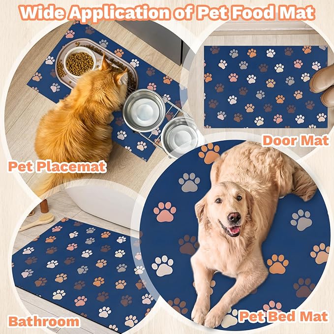 Blue Pet Fooding Mat - Absorbent Dog Cat Feeding Mat for Food and Water Bowl, No Stains Quick Dry Cat Placemat with Waterproof Rubber Backing, Pet Supplies for Messy Drinkers (12 X 20)