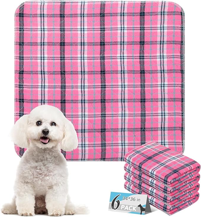 Washable Pee Pads for Dogs - 34”x36” 6PCS, Whelping Pad for Puppy Training, Playpen Crate Bed Floor Protector, Reusable Dog Potty Pads Non-Slip, Super Absorbent & Odor Controlling, Pink Plaid