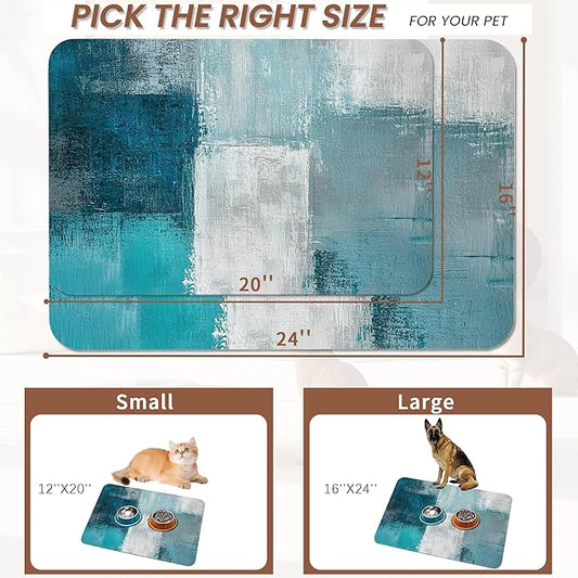Turquoise Grey Dog Cat Food Mat,Teal Modern Art Absorbent Pet Feeding Mat for Food and Water,Non-Slip Dog Bowl Mats Floor Protector 16"x24"