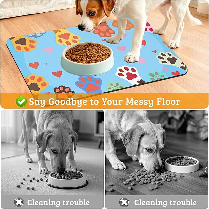 Pet Feeding Mat,Dog Paws Absorbent Dog Cat Food Mat Cute Cat Dog Mat with Rubber Backing,Non-Slip Water Bowl Placemat,Pet Supplies 12" x 20"