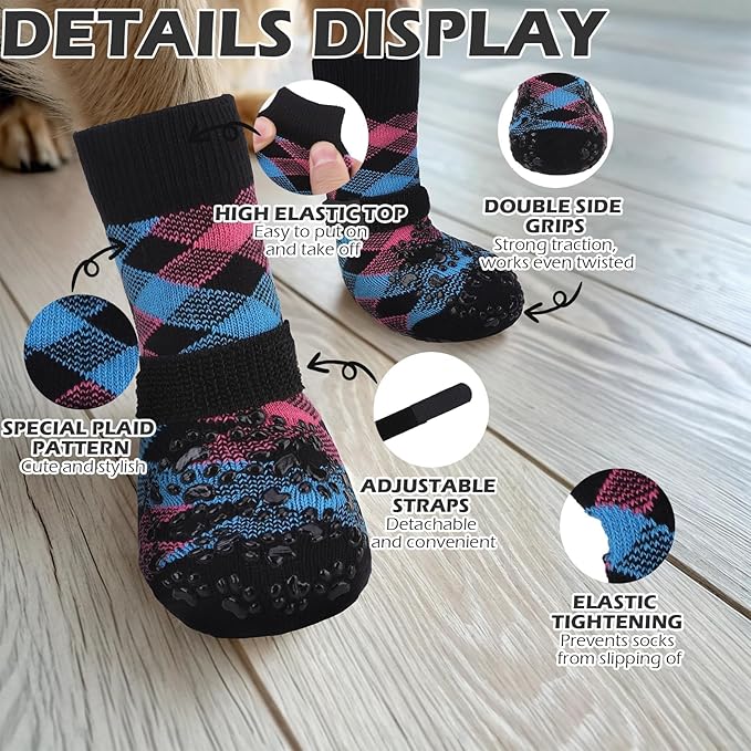 EXPAWLORER Dog Socks for Cold Winter Snow to Prevent Licking Paws, Anti Slip Doggie Booties Grippy Shoes for Hardwood Floors, Boots & Paw Protectors for Small Medium Large Senior Dogs Pink Blue XL