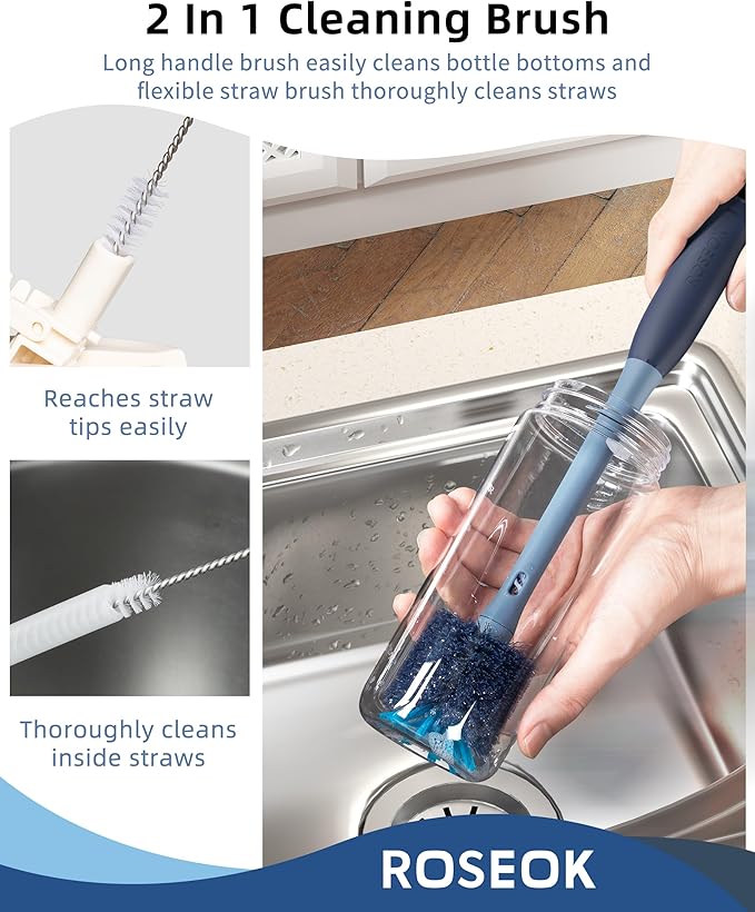 ROSEOK 2in1 Bottle Scrubbing Brush with Straw Brush has Long and Comfortable Handle, Cleaning Glass, Sports Bottle, Coffee Mug,1 Pack, Grayish Blue