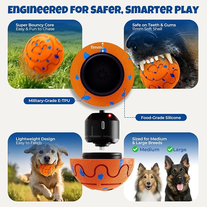 Fsitego Dog Balls: Interactive Dog Ball Auto Rolling - Interactive Dog Toys for Aggressive Chewers - Bouncy & Throwable, Type-C Rechargeable, Washable, for Small & Medium & Large Dogs – Orange