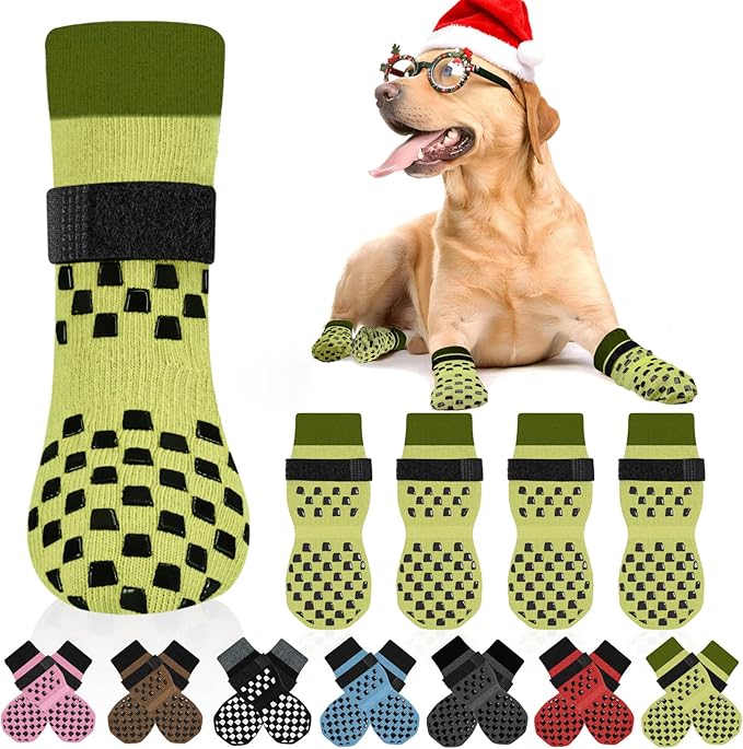 Non Slip Dog Socks to Prevent Licking Paws Grippy Socks for Senior Dog on Hardwood Floors Anti Slip Dog Socks for Christmas Holiday Double Side Paw Protector Prevent Scratching Green M