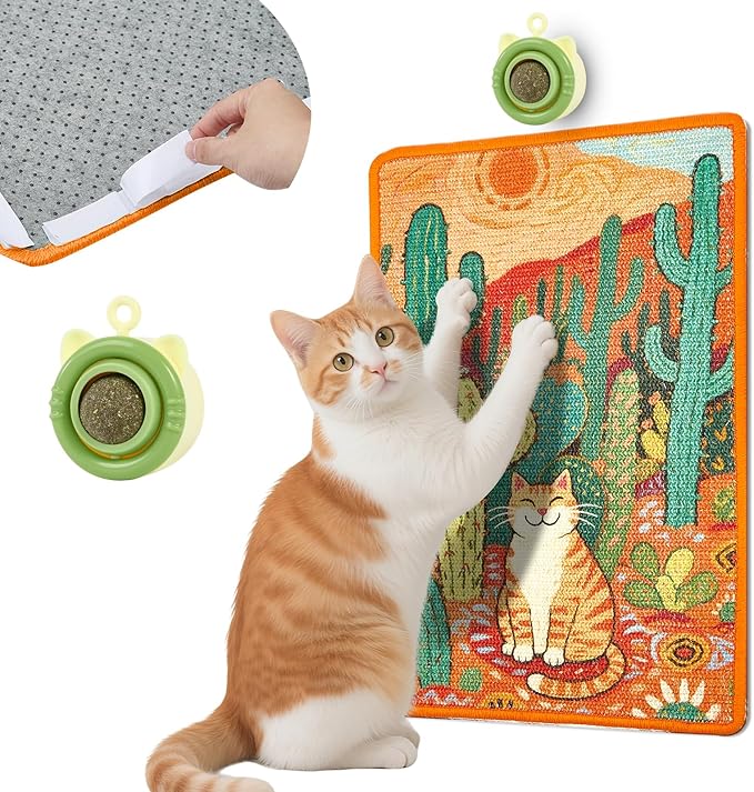 Cat Scratching Mat with Bonus Adhesive Catnip | All-in-One 23.6x15.7 Inch Sisal Scratcher for Wall/Floor, Stops Couch Carpet Scratching, Durable Anti-Slip
