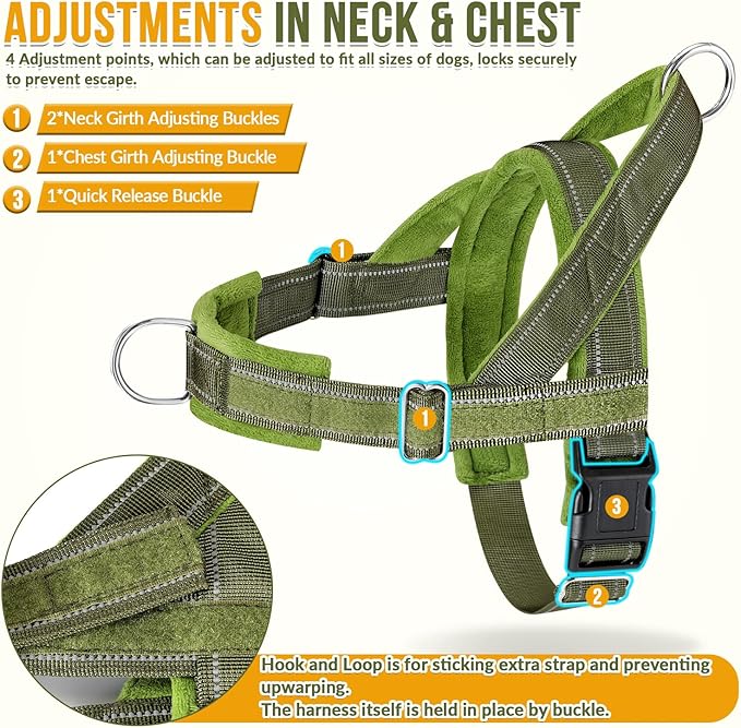 SlowTon No Pull Dog Harness - Heavy Duty Dog Harness and Leash Set for Medium Large Dogs, Reflective Tactical Harness with Soft Padded and Front Clip for Easy Walk and Training (Green L)