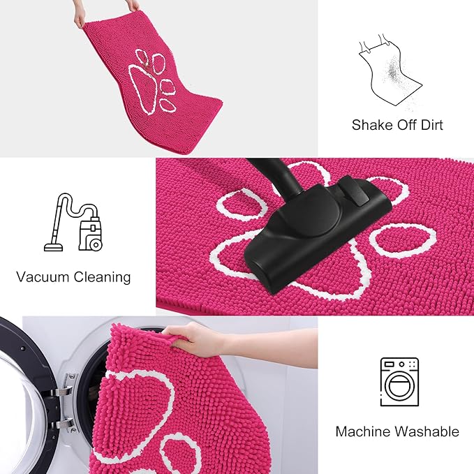 Smiry Dog Door Mat for Muddy Paws, Absorbent Dirt Trapper Non Slip Quick Dry Washable Chenille Mat for Mud Dogs, Entry Rug for Indoor and Outdoor (36x24 Inches, Hot Pink and White)