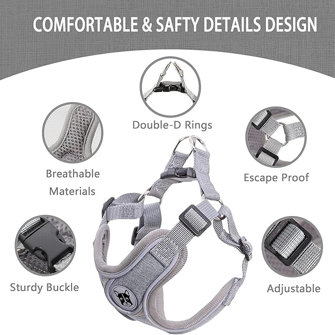 Puppy Harness and Leash Set,No Pull Adjustable Step in Soft Mesh Vest Harness,Easy Walk Reflective Pet Harness with Padded Handle for Walking Training Small Medium Large Dogs and Cats (Grey, XS)