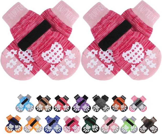 PUPTECK Anti-Slip Dog Socks with Double Sides Grips for Small Medium Large Dogs Hardwood Floors Prevents Licking, Dog Shoes for Hot Pavement Traction Control for Senior Dogs, Fuschia, L