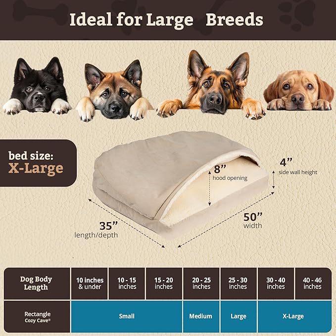 Snoozer Rectangle Cozy Cave Dog Bed - Indoor Dog Bed with Cover Cave, Covered Calming Burrow for Large Sized Pets with Blanket Attached, Enclosed, Washable Cover - XL, Buckskin