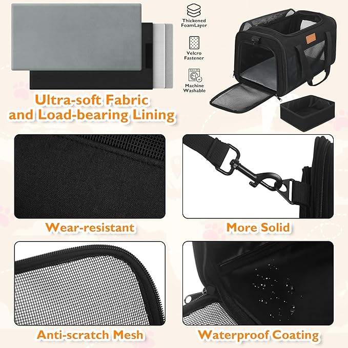 PETUX Cat Travel Carrier with Litter Box - 17"x11"x9.5", TSA Airline Approved, Underseat, Soft Sided Pet Carrier for Small Cats Under 12 lb with Safety Zipper, Anti-Scratch Mesh - Black