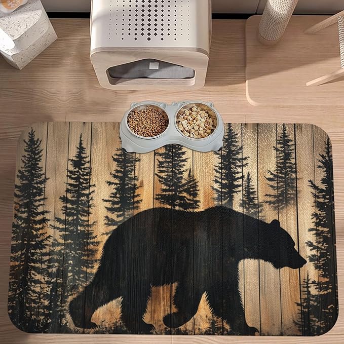 Rustic Bear Forest Dog & Cat Food Mat for Floors Waterproof,Quick Dry Anti-Slip Bowl Mats for Food and Water,Pet Feeding Mats,Pet Placemat for Messy Drinkers to Protect Floors,Supplies 23.62×15.75in