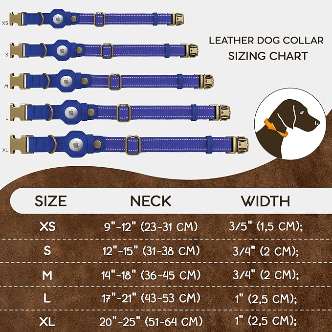 Reflective Leather Dog Collar with AirTag Holder - Soft Apple Airtag Dog Collar with Metal Buckle - Safety Cotton Pet Collars for Dogs Small Large Dogs Puppy (Blue, S, 12"-15")