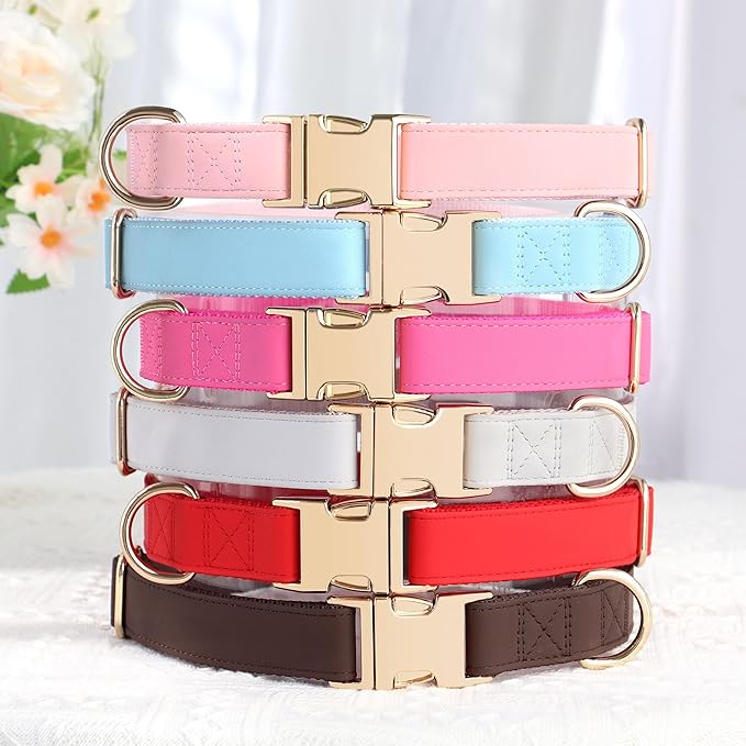PET ARTIST Soft PU Leather Dog Collar, Bright & Classic Pink Dog Collar with Quick Release Rose Metal Buckle, Adjustable Nylon Padded Durable Pet Collars for Medium Dogs Girl, Neck Fit 13-19"