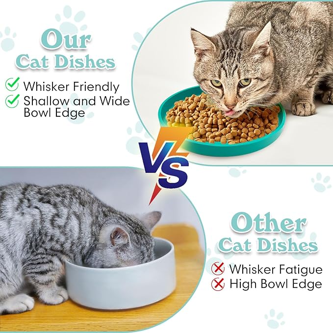 Silicone Cat Food Bowls Shallow Cat Dishes 5.9in Wide Pet Plates Set of 2 Small Flat Dog Saucer Bowl Cute Whisker Fatigue Kitten Feeding Dish for Dry & Wet Food (Round Blue + Pink)