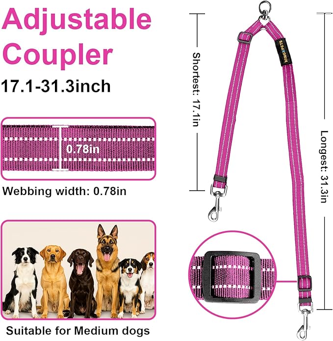 MingXpet Double Dog Leash for Two Dogs, No Pull Dog Leash, 360° Swivel No Tangle for Medium Dogs Walking & Training, Shock Absorbing Reflective Bungee, Rose