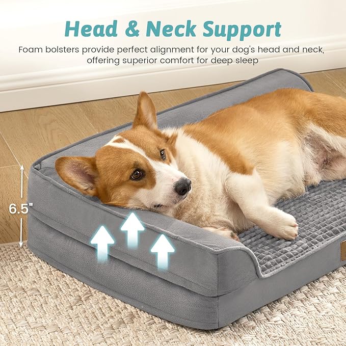 Orthopedic Dog Bed for Medium Small Size Dog, Dogs Crate Bed, L Shaped Foam Anti-Slip Bottom Pet Cat Sofa with Washable Removable Cover, Suitable for Pet Up to 40 lbs, 30x20x7.5 inch, Grey