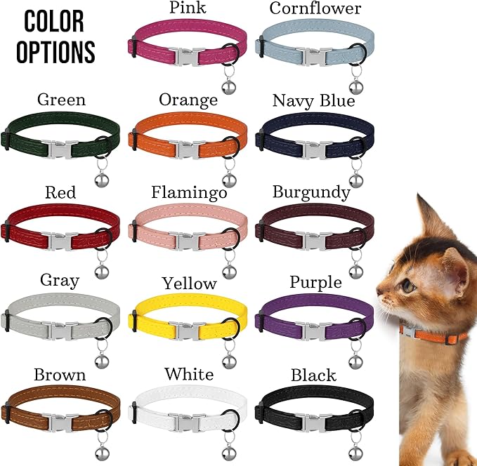 Leather Cat Collar with Buckle and Removable Bell - Non Breakaway Adjustable Soft Safety Small Pet Collars for Girl Boy Cats Kitten (Orange)