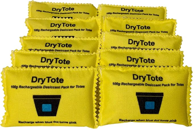 DryTote Rechargeable Desiccant Pack (10 Pack), Ultimate Moisture Absorption, Color Change Indicator, Safe Storage Protection, Large Capacity 200 Gallons, 100g, Yellow