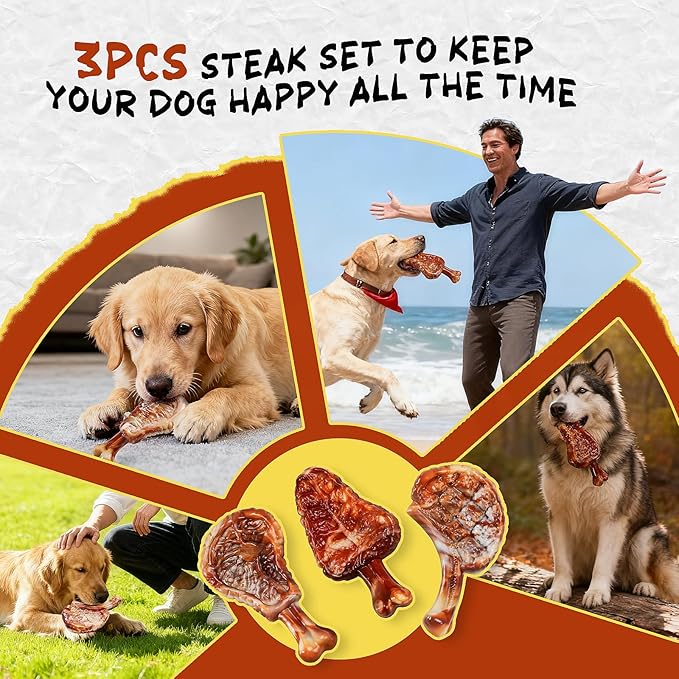 GASAPET Dog Chew Toys for Aggressive Chewers,3 Tough Dog Toys for Medium and Large Breed, Real Bacon Flavored Best Dog Toys to Keep Them Busy, Dog Bones Steak for Teeth Cleaning and Training (Yellow)