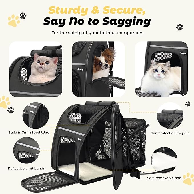 Zavothy Expandable Pet Backpack Carrier for Small Cats & Dogs, Airline Approved Travel Bag with Mesh Windows, Expandable Space, Padded Bottom, Foldable Design Black