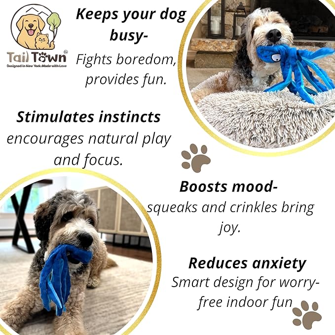 Orange Octopus Dog Toy – Squeaky & Crinkle Plush – No Stuffing Toy for Small Medium Large Dogs Puppies & Seniors – Interactive Safe Soft Toy for Tug Fetch Play – Tail Town