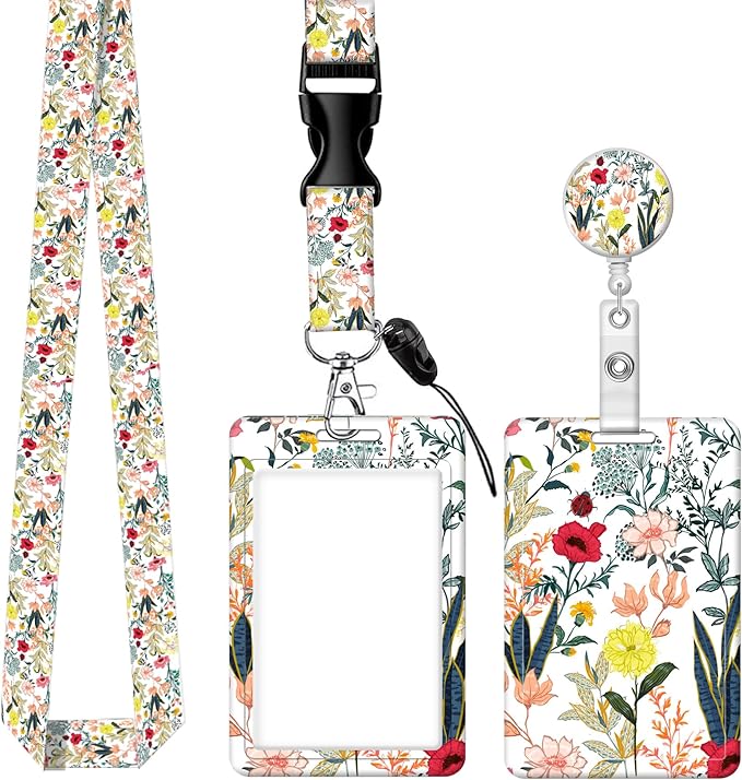 BLOCIT ID Badge Holder with Lanyard - Fashionable ID Card Holders with Retractable Lanyards - Soft Fiber Metal Clip Sturdy Buckle for Key Wallet - Work Nurse Teacher (Beautiful Colorful Floral)