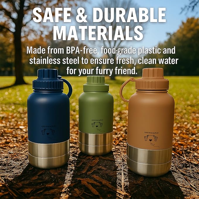 Love Wag & Play Dog Water Bottle Portable – 2 in 1 Stainless Steel Bowl for Food, Water – Leakproof Portable Water Bowl for Dog with Carry Loop – Detachable Design – Ideal for Kibble, Treats - Blue