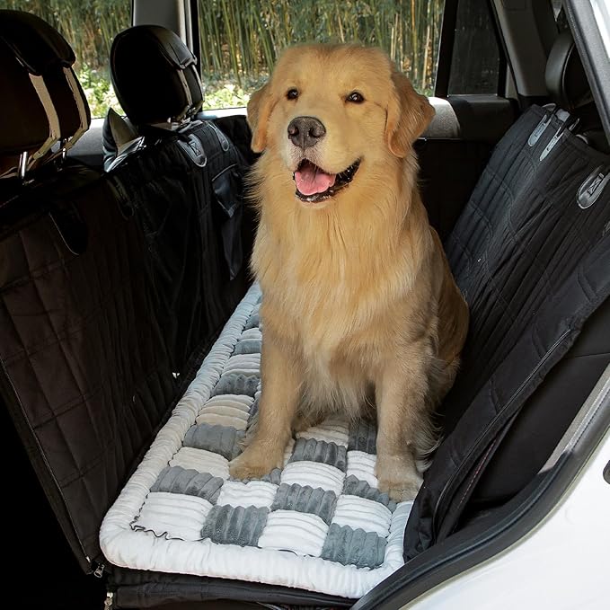 NestlyMoly Dog Bed for Car, Pet Travel Backseat Mat for Vehicle SUV Truck Jeep Automobile, Large Washable Foldable Non-Slip Fuzzy Soft Comfortable Cozy Extender Protector Cover Pad, Grey, 24.8x54 in