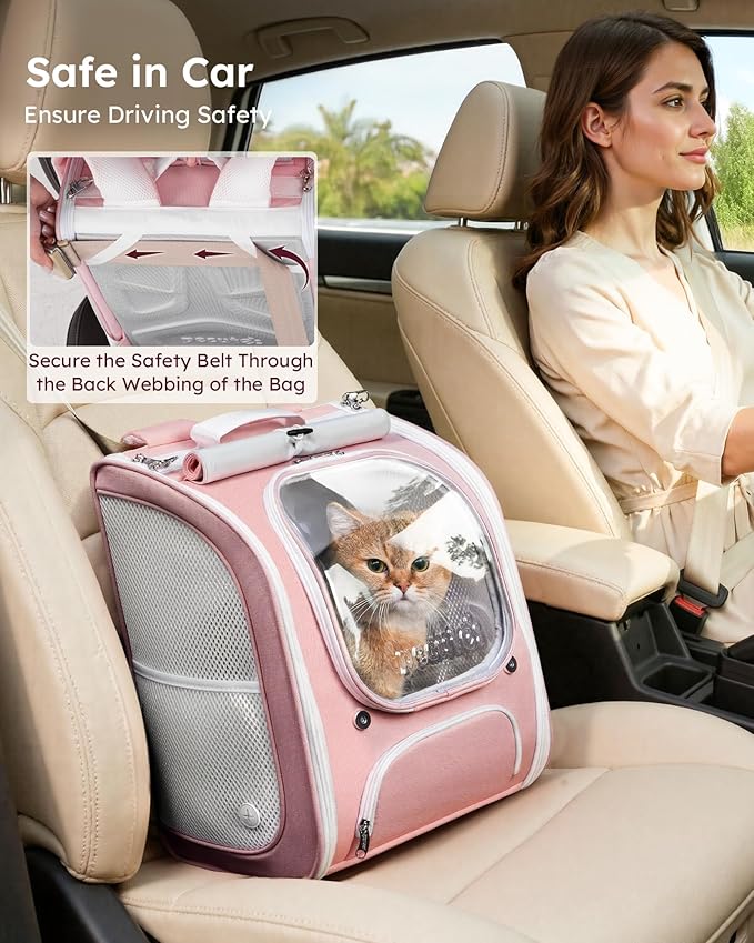 Pecute Cat Backpack Carrier, Large Space Cat Bubble Backpack, Breathable Cat Carrier, Shaded Dog Backpack Carrier, Ergonomic 3D Design for Travel, Hiking, Suitable for Shopping, and Vet, Pink