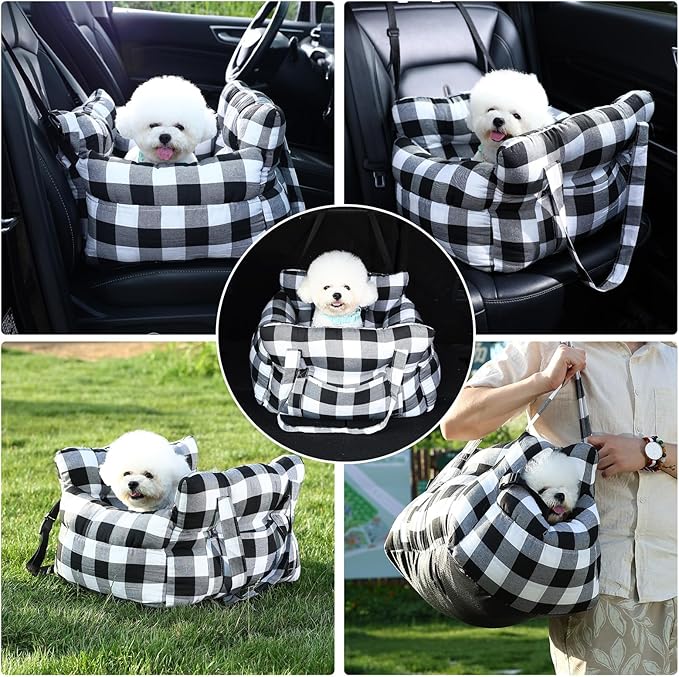 Medium Dog Car Seat Up to 28lbs - Pet Travel Bed Booster with Storage, Safety Tether, Anti-Slip Bottom for Cars(Black/White)