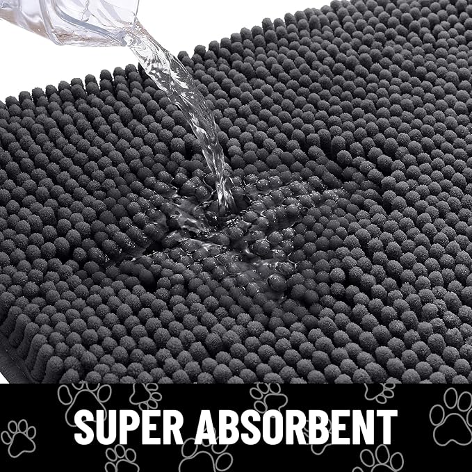 Smiry Dog Door Mat for Muddy Paws, Absorbent Dirt Trapper Non Slip Quick Dry Washable Chenille Mat for Mud Dogs, Entry Rug for Indoor and Outdoor (40x32 Inches, Dark Grey and White)