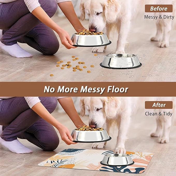 Boho Tropical Leaves Dog Food Mat for Floors,Absorbent Pet Food and Water Bowl Mats,Non-Slip Pet Feeding Mat,Pet Supplies 16" x 24"