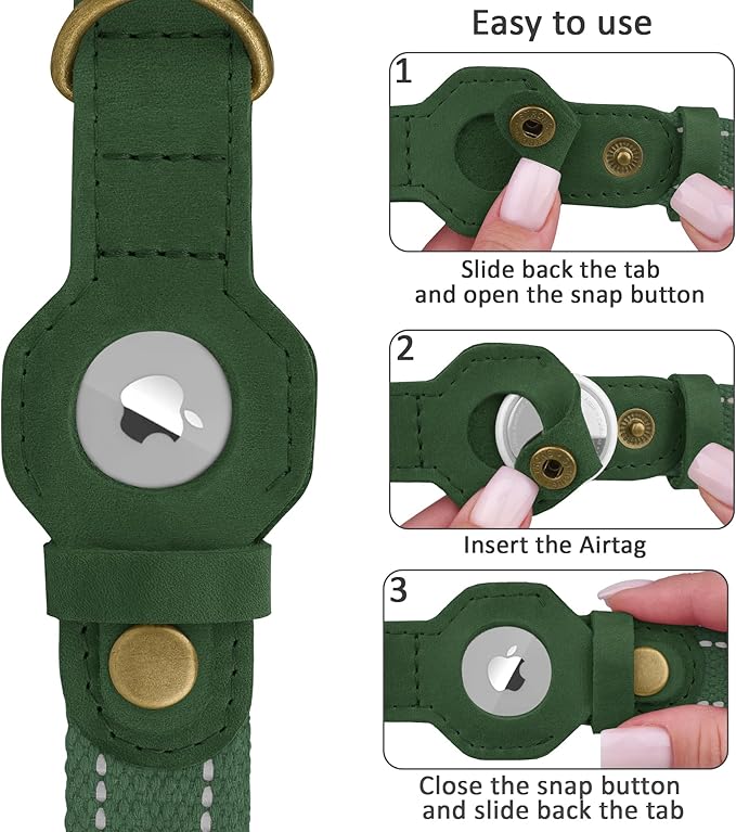 Reflective Leather Dog Collar with AirTag Holder - Soft Apple Airtag Dog Collar with Metal Buckle - Safety Cotton Pet Collars for Dogs Small Large Dogs Puppy (Hunter Green, XS, 9"-12")