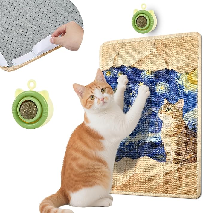 Cat Scratching Mat with Bonus Adhesive Catnip | All-in-One 23.6x15.7 Inch Sisal Scratcher for Wall/Floor, Stops Couch Carpet Scratching, Durable Anti-Slip