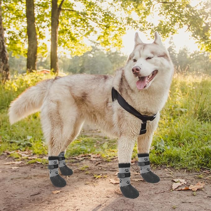 KOOLTAIL Anti Slip Dog Socks to Prevent Licking Paws for Hardwood Floors, Waterproof Dog Boots & Paw Protector Traction Shoes with Toe Grips for Small Medium Large Senior Dogs Dark Grey XXL