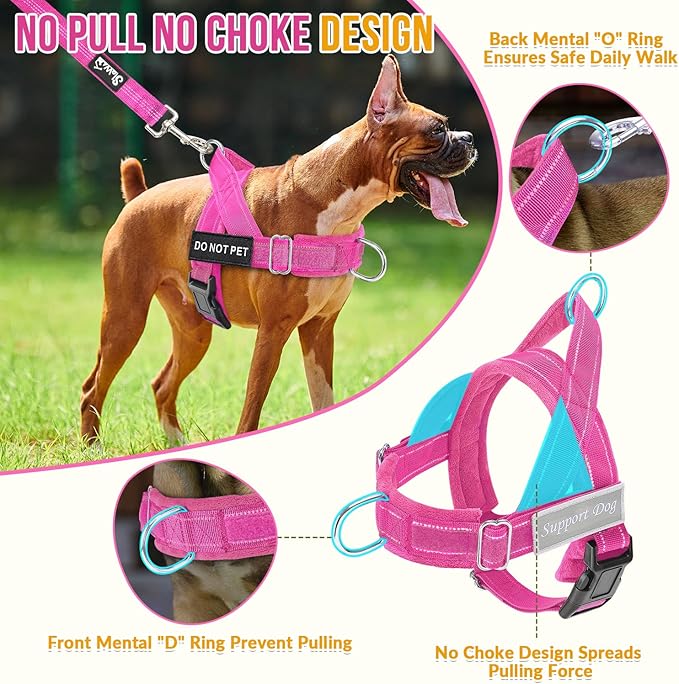 SlowTon No Pull Dog Harness - Heavy Duty Dog Harness and Leash Set for Medium Large Dogs, Reflective Tactical Harness with Soft Padded and Front Clip for Easy Walk and Training (Fuchsia M)